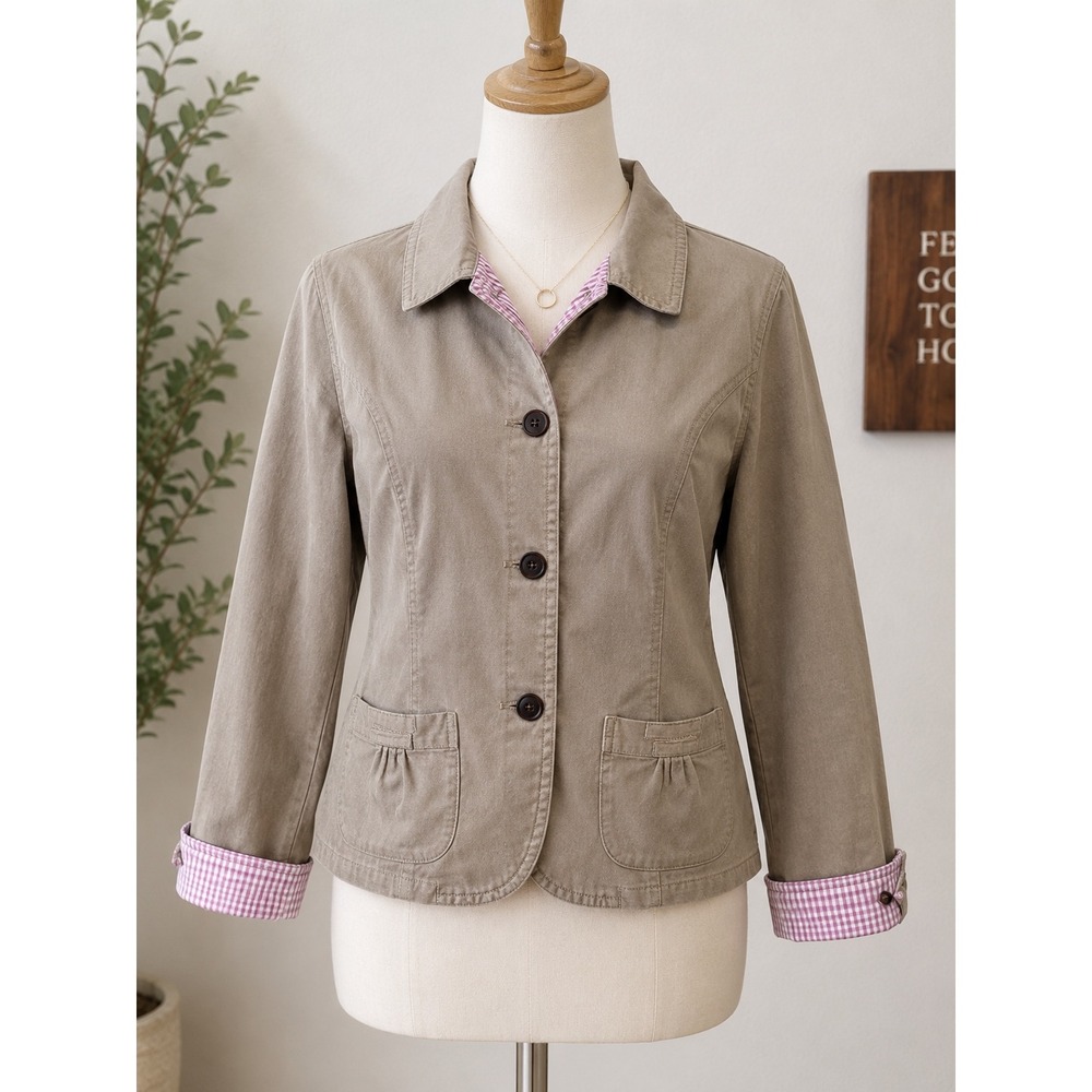 L.L. Bean Tan Corduroy Blazer Jacket Women's 12 Pink Gingham Duck Embroidered